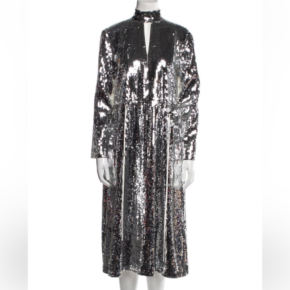 Tibi Metallic Silver and Cream Midi Dress